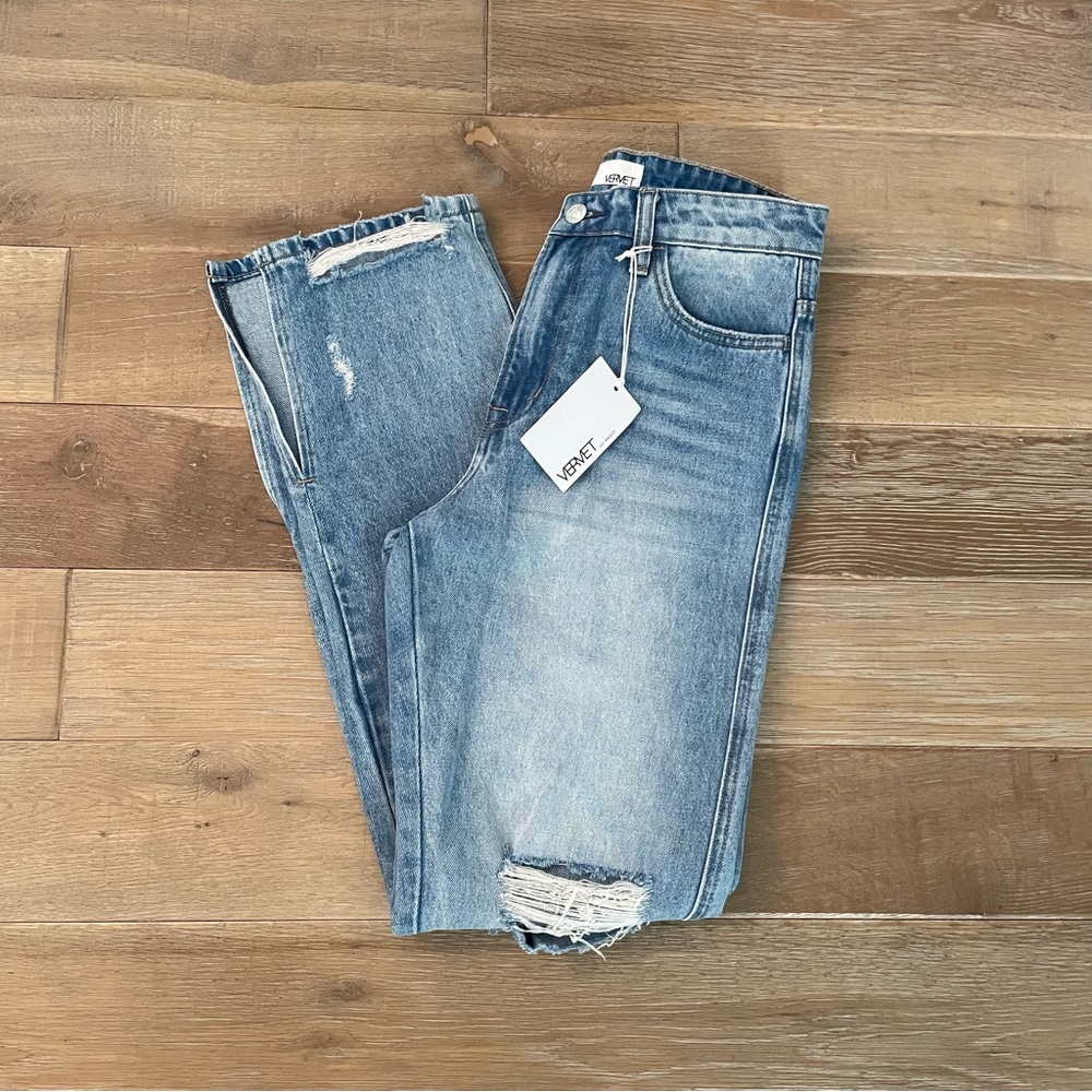 NWT Vervet Beverley Super High-Rise Distressed Straight Split Hem Jeans